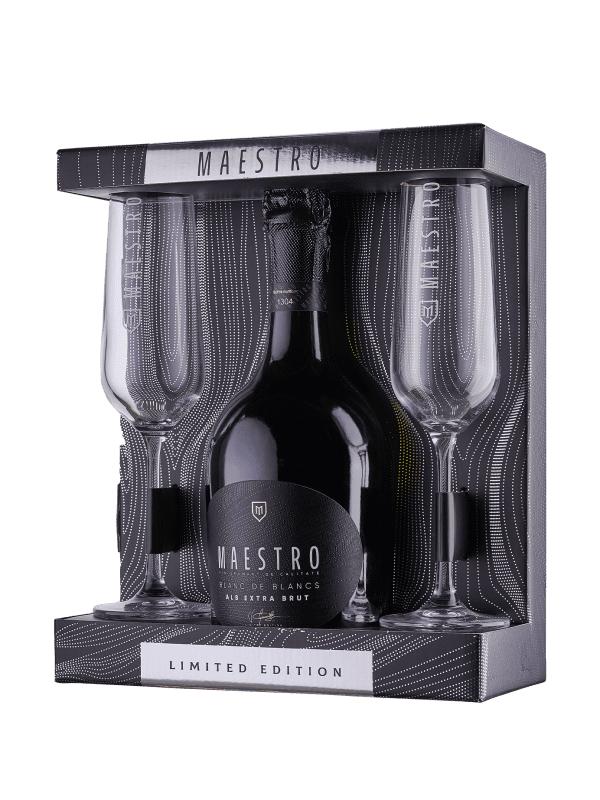 Maestro Set Cutie Blanc de Blanc Alb Extra Brut + 2 pocale Bohemia